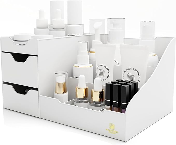 Uncluttered Designs Large Makeup Organizer for Vanity - Countertop Desk With Drawers for Cosmetic, Beauty, Hair, Nail, Perfum