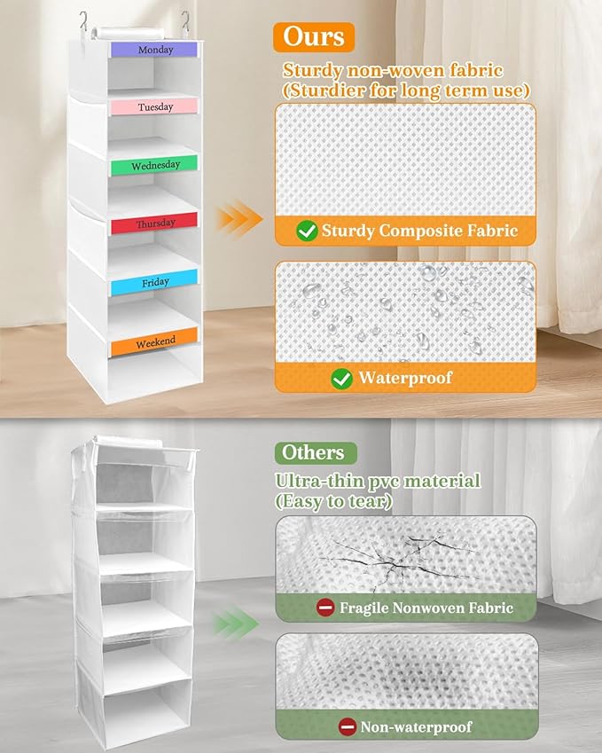 punemi Weekly Clothes Organizer for Kids, 6-Shelf Hanging Closet Storage with Side Pockets, Days of The Week Design, 11.8" x 