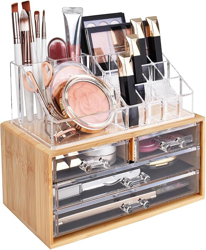 Ikee Design Bamboo Acrylic Makeup Organizer with 4 Drawers and Removable Top Lipstick Holders, Ideal for Make-up or Accessori