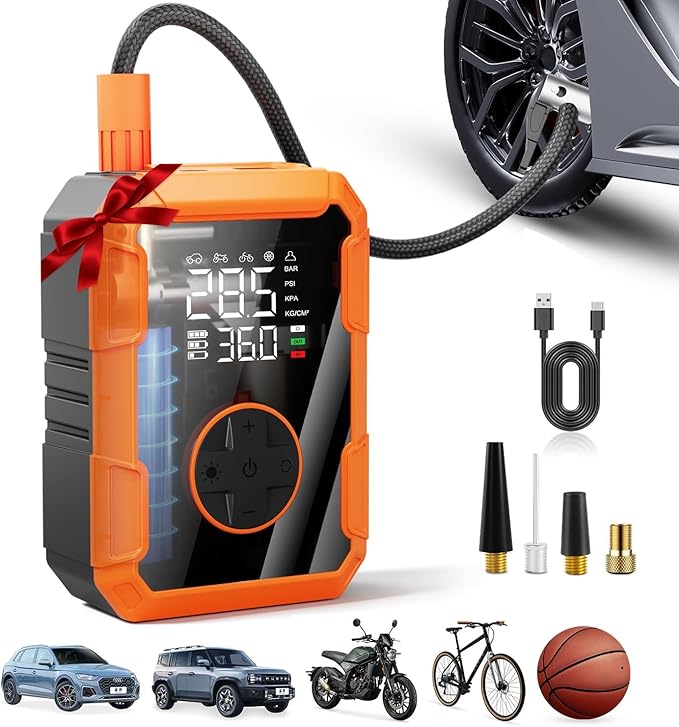 Portable Air Pump for Car Tires, 150 PSI Tire Inflator Cordless with LED Light, Auto Shut-off Air Compressor Bike Tire Pumps with Pressure Gauge for Car Bicycle Motorcycle Ball, Gifts for Men & Women