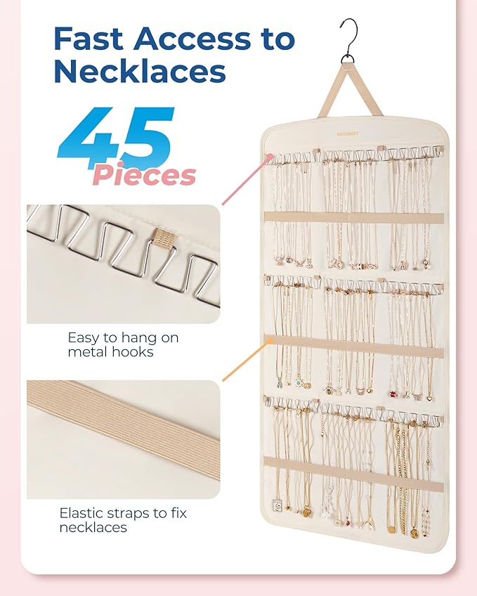 BAGSMART Hanging Jewelry Organizer, Necklace Holder Anti-tangle Earrings Rings Hanger with Pockets Hang on Closet, Wall, Door