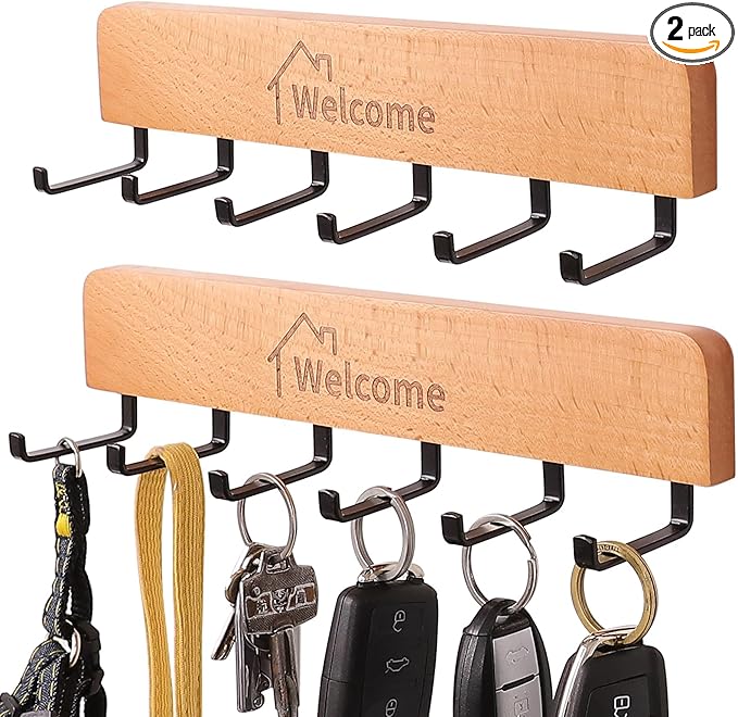 SCUNDA Wooden Key Holder with Metal Hooks,No Drill Adhesive & Screws, Wall Mount Entryway Organizer for Keys, Coats, Hats, Ru