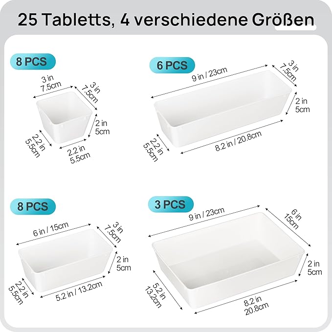 Vtopmart 25 PCS Plastic Drawer Organizers Set, 4-Size Versatile Bathroom and Vanity Drawer Organizer Trays, Storage Bins for 