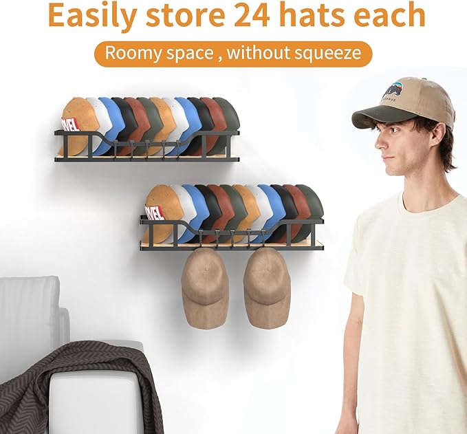Natural Wood Hat Racks for Baseball Caps Peaked Caps Wall Hat Organizer Fit 40 Caps Holder, 2 Packs Sturdy Wall Mounted Snapb