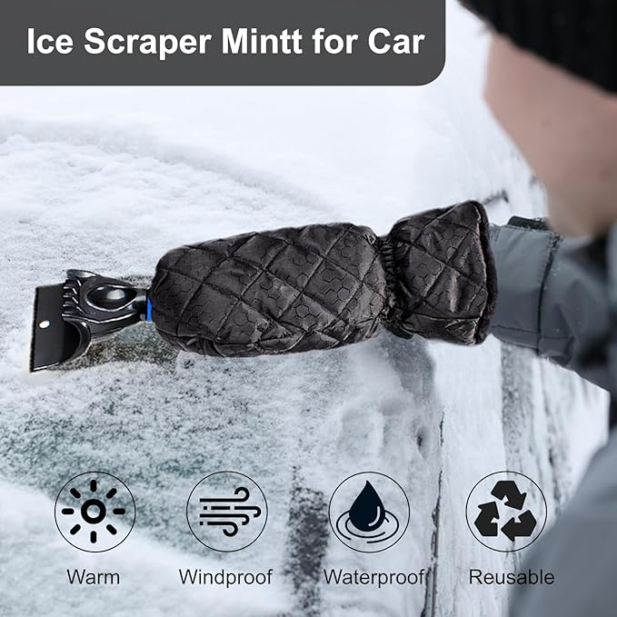 Ice Scraper with Glove - Waterproof Ice Scrapers Snow Removal Tool for Car Windshield, SUV, Truck - Comfortable Mitt Glove for Quick Ice & Snow Removal (Blue)