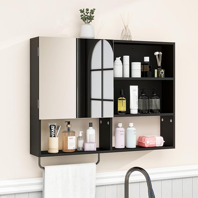 Medicine Cabinet, Wooden Bathroom Wall Cabinet with 2 Doors, Adjustable Shelves & Towel Bar, Over Toilet Storage Cabinet Wall
