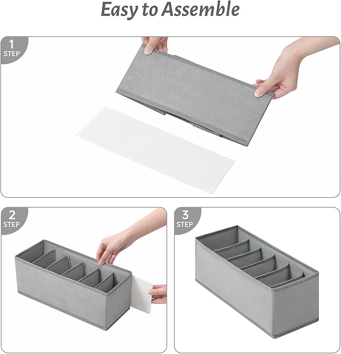 3 Packs Fabric Belt Organizer for Closet and Drawer, Foldable 6 Grids Dresser Drawer Organizers, Belt Tie Holder, Tie Box-Gre