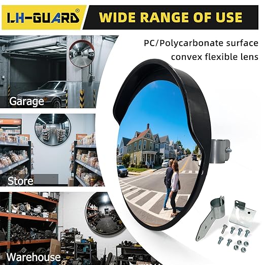 Convex Mirror for Pole - 18" Corner Mirrors for Garage, Warehouse, Blind Spot, Large Security Mirror for Driveway with Flexible PC Lens (18 Inch, Black)