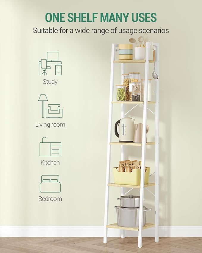 Hzuaneri Ladder Shelf, Bookshelf Bookcase, Freestanding Corner Storage Shelve with 2 Hooks for Home Office, Living Room, Kitc