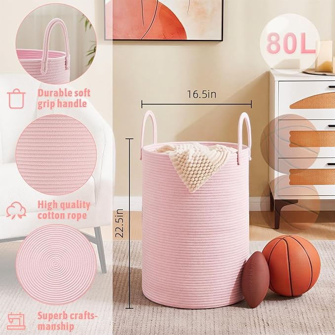Artfeel Laundry Basket,Woven Cotton Rope Laundry Hamper,80L for Decorative Storage of Dirty Clothes,Toys and Blankets in Bath