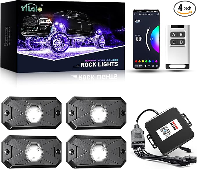 YiLaie RGB LED Rock Lights Kit 4 Pods, Upgraded Underglow Multicolor LED Light Pod with APP/RF Remote Control, Flashing Music Mode, Waterproof Multicolor Rock Lights for Trucks ATV UTV RZR SUV