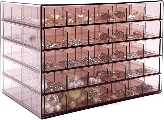 Clear Pink Acrylic Jewelry Storage Box, Earring Jewelry Organizer with 5 Drawers, 5-Layer Jewelry Box for Women, Earring Disp