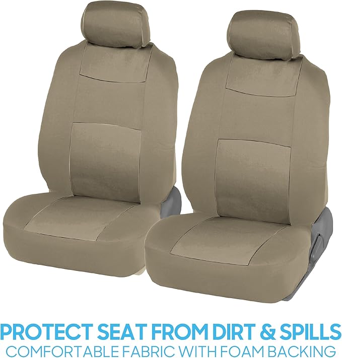 BDK OS-309-AB Tan Trim Black Car Seat Covers Full 9 Piece Set, Sleek & Stylish, Split Option Bench 5 Headrests Front & Rear B