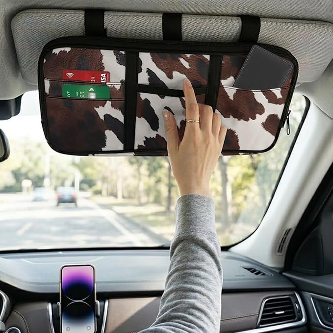 Brown Cow Print Car Sun Visor Organizer with Card Holder Sun Visor Organizer Easy to Store and Install Universal Size Fit for Most Cars SUV