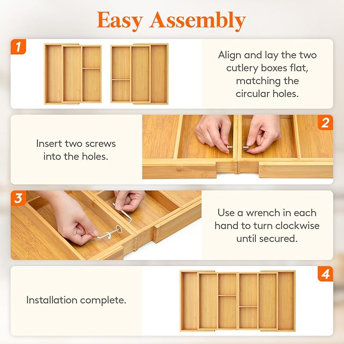 Lifewit Silverware and Cooking Utensil Drawer Organizer Set – Expandable Adjustable Bamboo Storage for Cutlery, Flatware, Spo