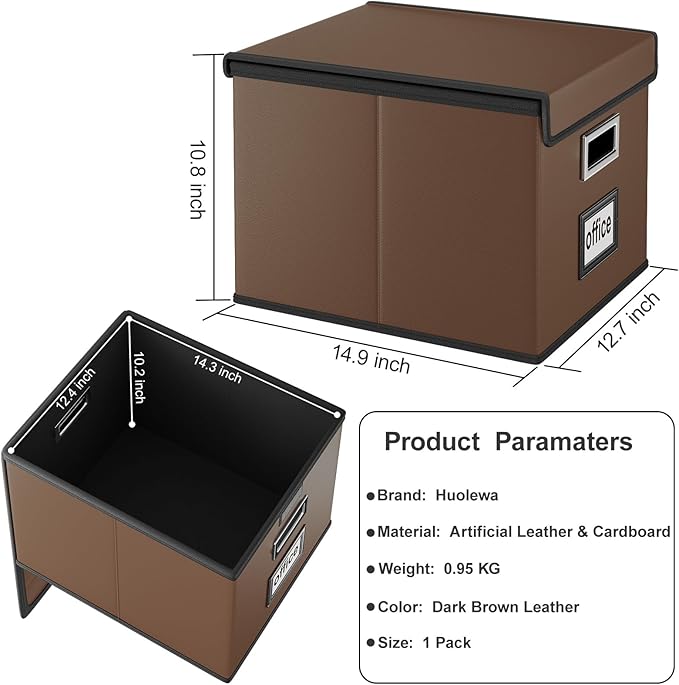 Huolewa Faux Leather File Organizer Box with Lid, Collapsible Hanging File Folder Box Organizer with Plastic Slides, Decorati