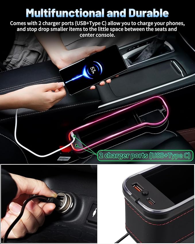 Shademax LED Car Seat Gap Filler Organizer Console Side Storage Box Between Seats with Cup Holders RGB Color Changing Storage Front Seat Gap Filler with USB Charging Car Interior Accessories (2 Pack)