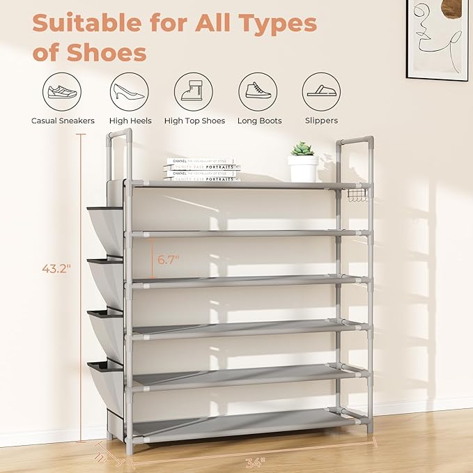 LANTEFUL 6 Tier Shoe Rack Storage for 24-30 Pairs Shoe and Boot, Shoe Organizer with Hook and Side Pocket Free Standing Long 