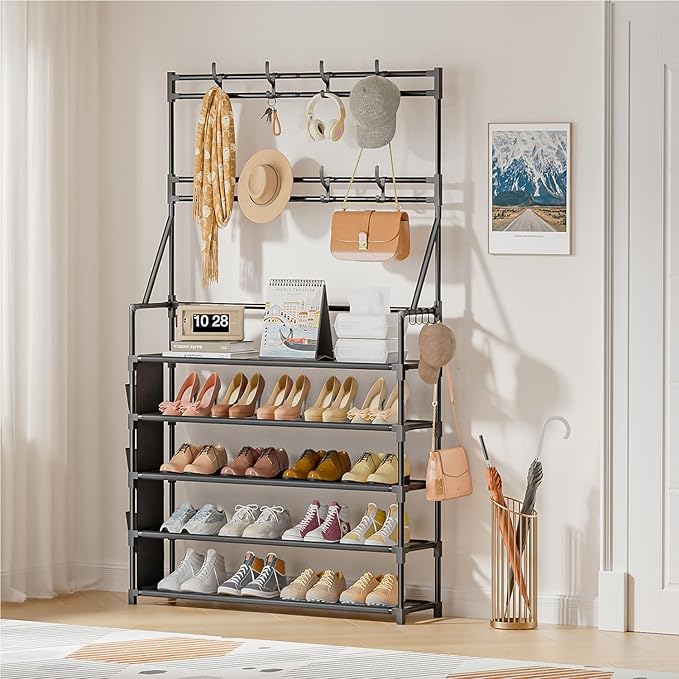 OYREL Shoe Rack 5 Tier Shoe Racks Organizer 20-25 Pairs Shoes Rack for Closet Entrance Shoe Storage Organizer with Hooks and 