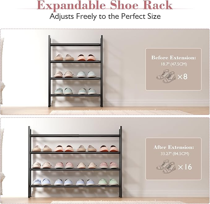 Bumusty 4-Tier Expandable Shoe Rack for Closet, 18“-33” Adjustable Shoe Rack for Small Space, Small Shoe Organizer for Front 