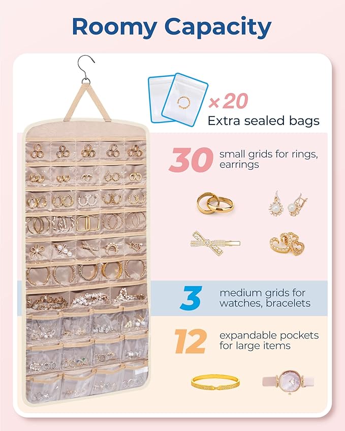 BAGSMART Hanging Jewelry Organizer, Necklace Holder Anti-tangle Earrings Rings Hanger with Pockets Hang on Closet, Wall, Door