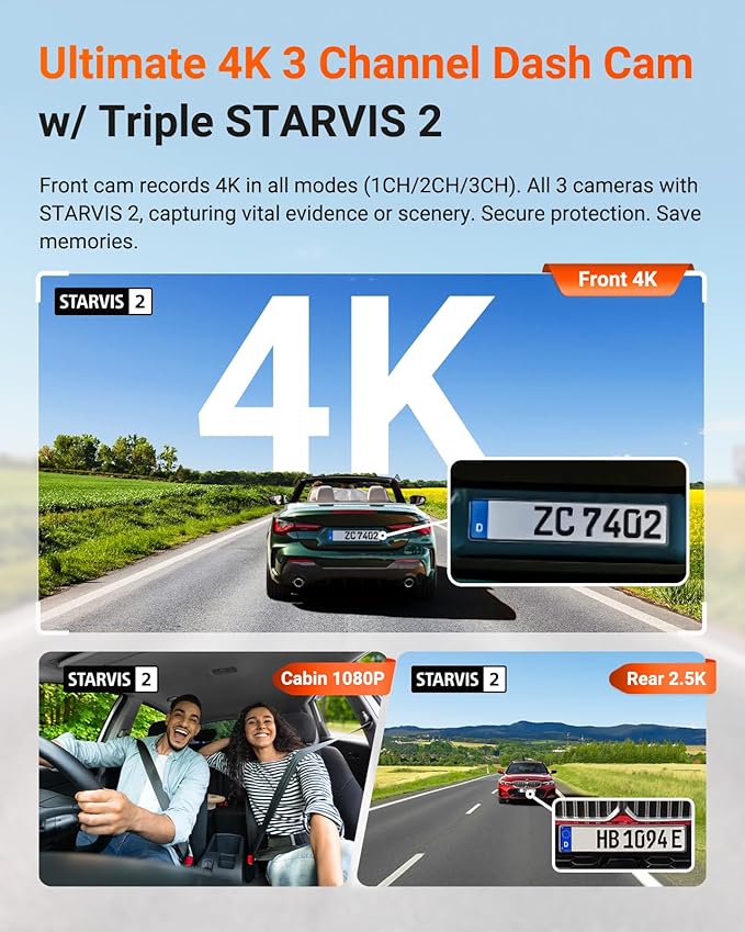 Vantrue N4 Pro S 4K 3 Channel Dash Cam w/Triple STARVIS 2, 4K+1080P+2.5K Front Inside Rear Dash Camera, 4+2.5K Dual Channel, 