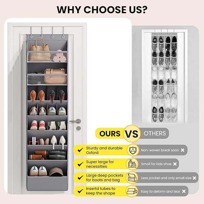 Mefirt 16-20 Pairs Over the Door Shoe Organizer, Clear Pockets Shoe Rack for Closet Door, Hanging Shoe Rack for Boots, Behind