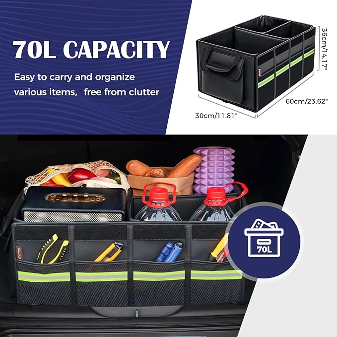 Coverado Car Trunk Organizer - 70L Nappa Leather Trunk Organizer for SUV with Lid, Multi Collapsible Car Storage Organizer Fold