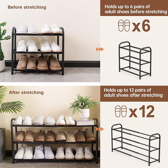 Gonfoam 3-Tier Expandable Shoe Rack,Adjustable Shoe Shelf Storage Organizer Heavy Duty Metal Free Standing Shoe Rack for Entr