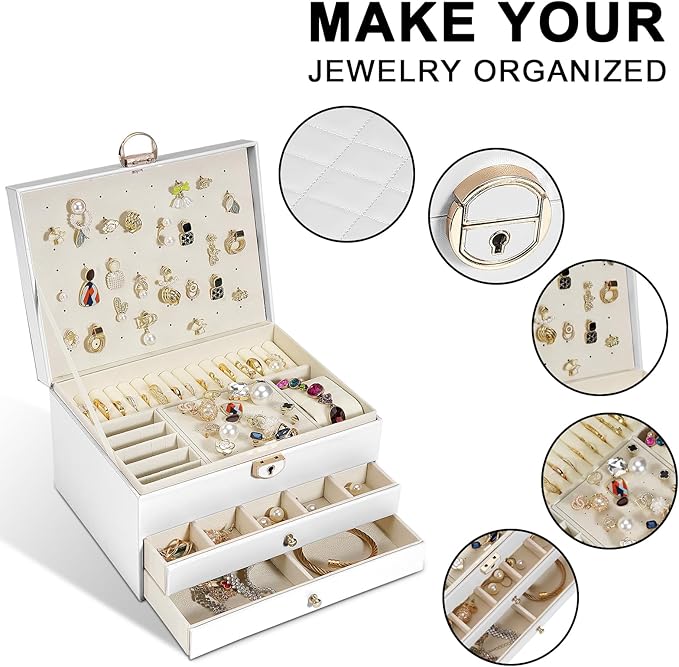 Jewelry Box, 3-Layer Jewelry Boxes for Women, Stud Earings Holder Jewelry Organizers and Storage with Removable Jewelry Tray,