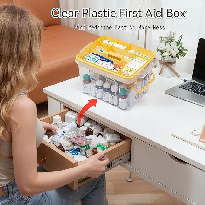 Pulseplay Clear Medicine Storage Box with Handle Portable Medicine Cabinet Organizer Multipurpose Plastic Storage Box with Re