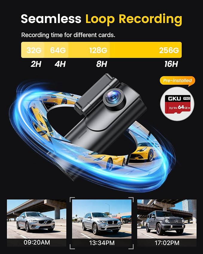 GKU Dash Cam Front and Rear Camera – 4K+1080P Dual Dash Camera for Cars with 64GB SD Card, 5GHz WiFi & App Control, Night Vis