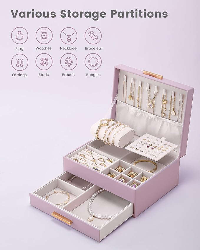 Lolalet 2-Layer Jewelry Box Organizer for Women Girls, Jewelry Storage Case Holder with Drawers for Necklaces Ring Earrings B