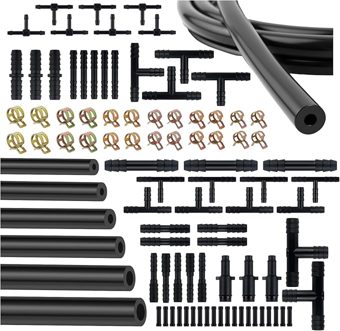 6PCS 5Ft Silicone Vacuum Hose Automotive Kit,ID 3/8",5/16",1/4",3/16",5/32",1/8" Vacuum Lines Automotive with Tee/Straight/Re