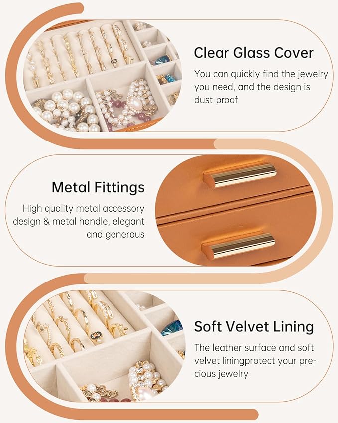 AKOZLIN Jewelry Box with Clear Lid Functional Leather Jewelry Storage Organizer Case 4 Drawers for Women Girls Necklace Ring 