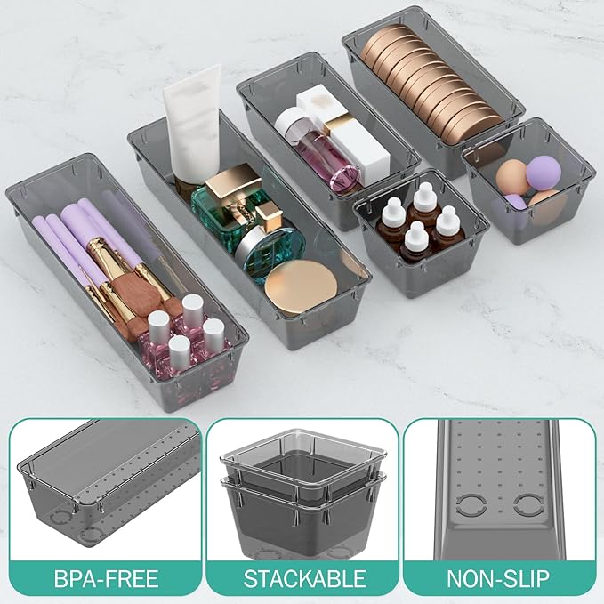 WOWBOX 12 Pack Clear Drawer Organizer Set, Acrylic Drawer Storage Trays, Storage Bins for Makeup, Cosmetics, Jewelries, Utens