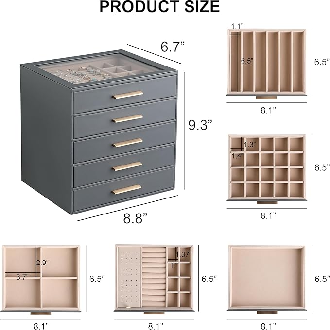Frebeauty Clear Lid Jewelry Box,5-Layer Jewelry Organizer with Drawer,PU Leather Jewelry Organizers and Storage,Jewelry Boxes