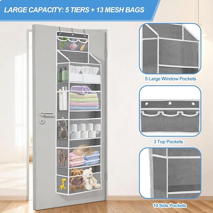 Over the Door Organizer with 5 Large Pockets, 5+3 Tiers Shelf Hanging Door Organizer, Adjustable Hanging Closet Organizer wit