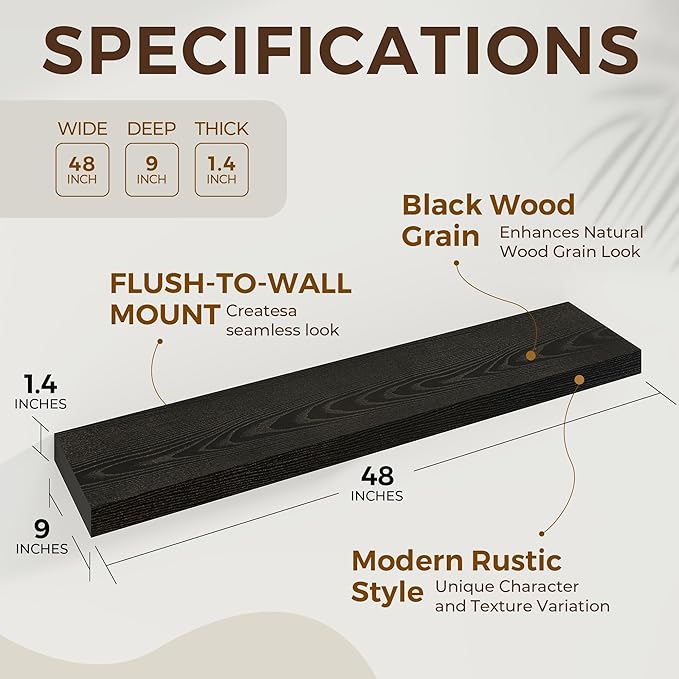 Dreamland 48 Inch Long Floating Shelves in Black,9.3 Inch Deep Floating Shelf for Wall,Large Display & Storage Shelf, Wall Sh