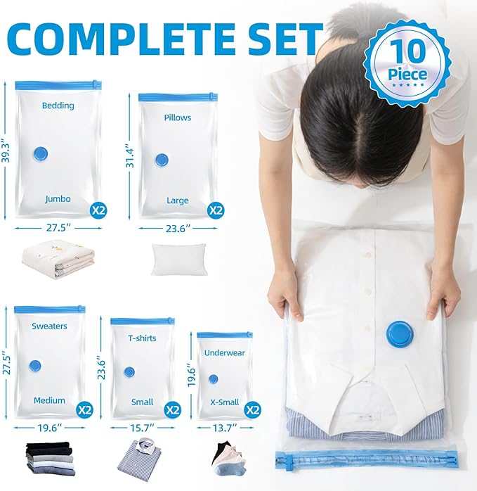 KMOSENIA Vacuum Storage Bags with Electric Pump, Vacuum Seal Bags, Space Saver Compression Bags for Clothing, Pillows, Blanke