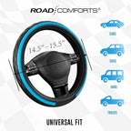 Road Comforts Leather Steering Wheel Cover – Black & Blue, Universal Fit 14.5-15 Inch, Microfiber Leather, Anti-Slip & Breath
