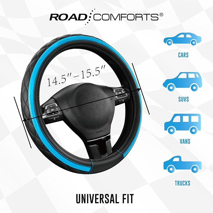 Road Comforts Leather Steering Wheel Cover – Black & Blue, Universal Fit 14.5-15 Inch, Microfiber Leather, Anti-Slip & Breath