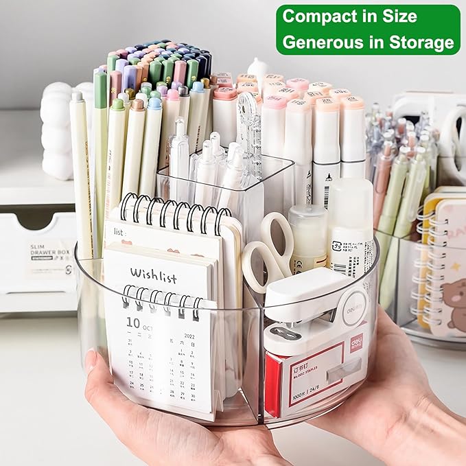 Taiuloo 360 Rotating Makeup Organizer, Lazy Susan Cosmetics Storage Turntable, Round Spinning Brush & Pen Holder, Clear Acryl