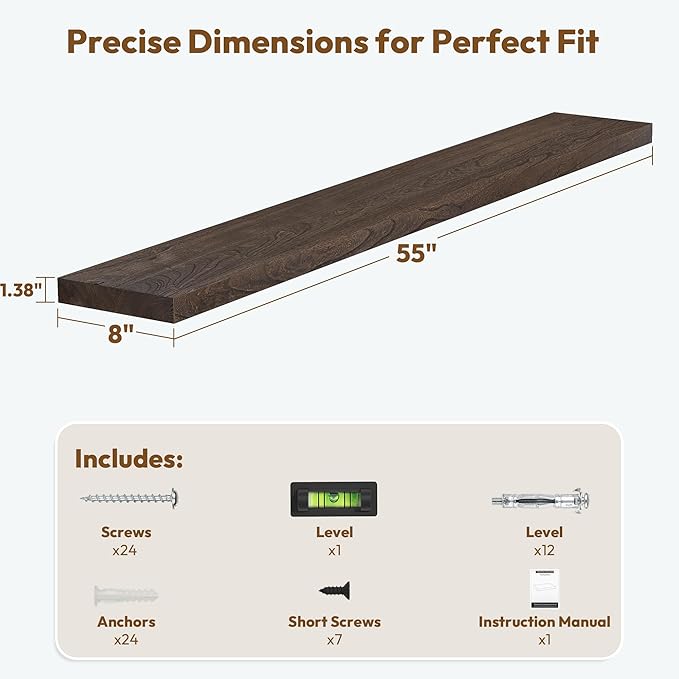 Vivelove Elm Wood Floating Shelves, Wooden Shelves for Wall with Invisible Bracket for Living Room Bedroom Bathroom Office Bo