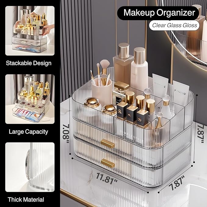 Clear Makeup Organizer for Vanity, Large Desk Organizer with Stackable Drawers for Cosmetics, Skincare, Lipsticks, Eyeshadow 