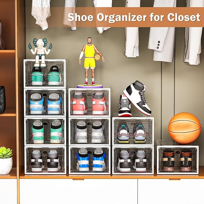 caktraie 10 Pack Thicken Shoe Organizer Stackable,Upgraded Sturdy Shoe Storage Box with Magnetic Door,Shoe Containers For Sne