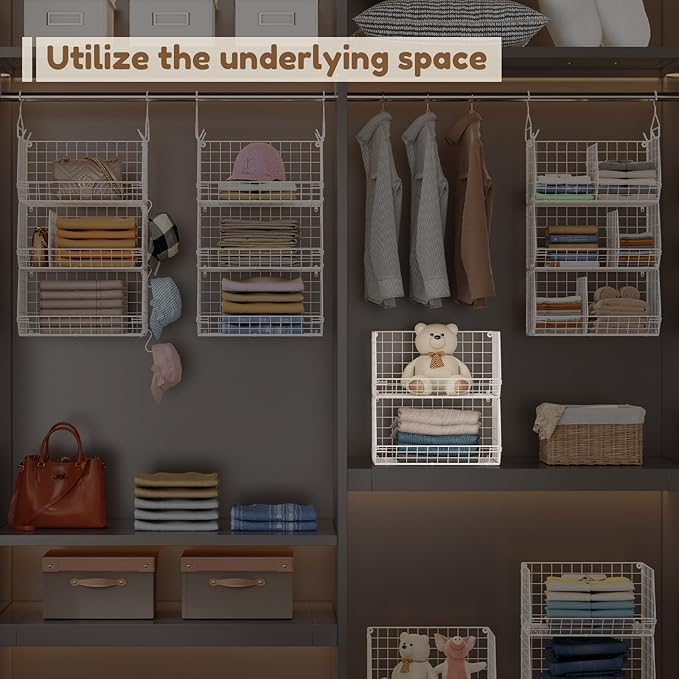 Jautokerdar 4 Tier Extra Large Hanging Closet Organizer,Closet Organizer Hanging with 5 S Hooks 4 Dividers,Clothes Organizer 