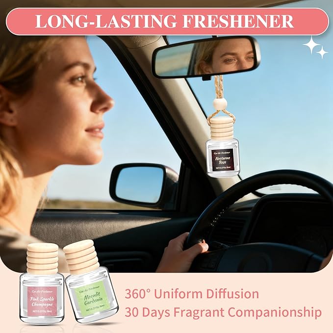 6 Pack Car Air Freshener, Long Lasting Natural Essential Oil Fragrance Diffuser - Pink Sparkle Champagne, Moonlit Gardenia & 