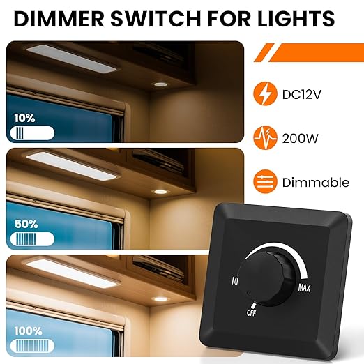 GZV 12V Dimmer Switch, 200W PWM Dimmer Switch - Adjustable Brightness for LED, Halogen, Incandescent & Strip Lights - Compatible with RV, Auto, Truck, Marine, Black