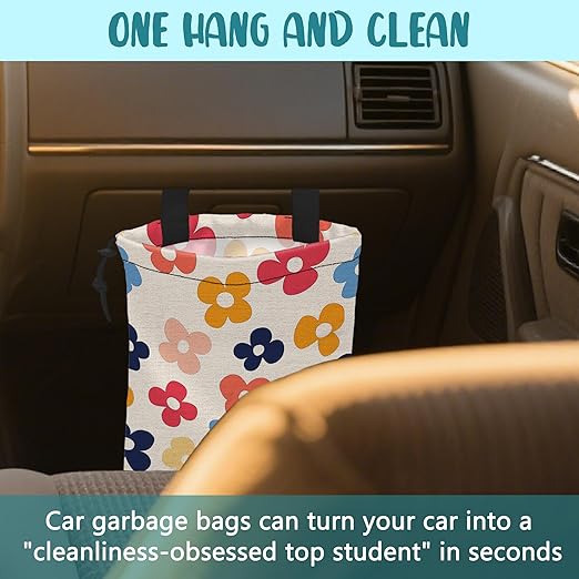 Car Garbage Bag Retro Colorful Flowers Drawstring Car Trash Bag Hanging for Back Seat with Adjustable Buckle Canvas Vehicle Trash Can Easy-to-Install